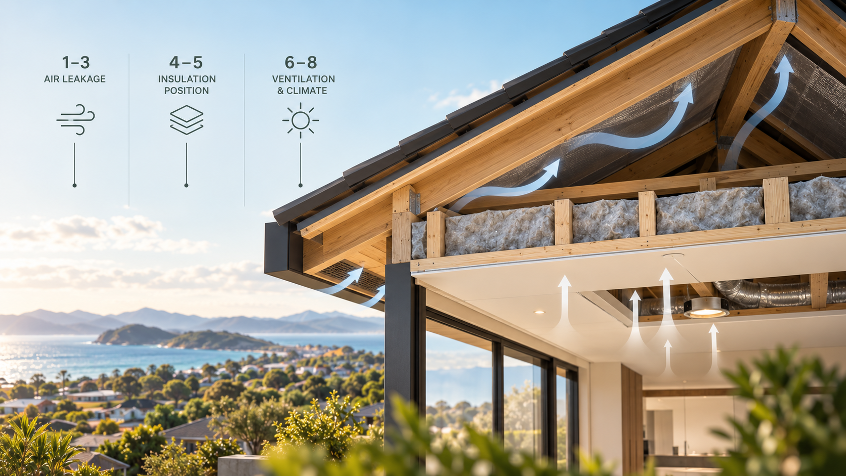 Australian residential roof and ceiling cross-section showing insulation, roof ventilation and air leakage pathways relevant to condensation risk