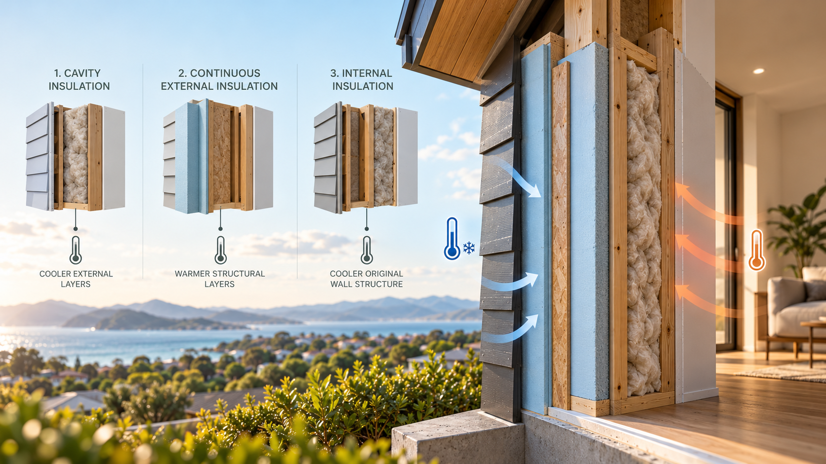 Australian façade and cladding wall cross-section illustrating rainwater penetration, vapour diffusion, air leakage, drained cavities and condensation risk
