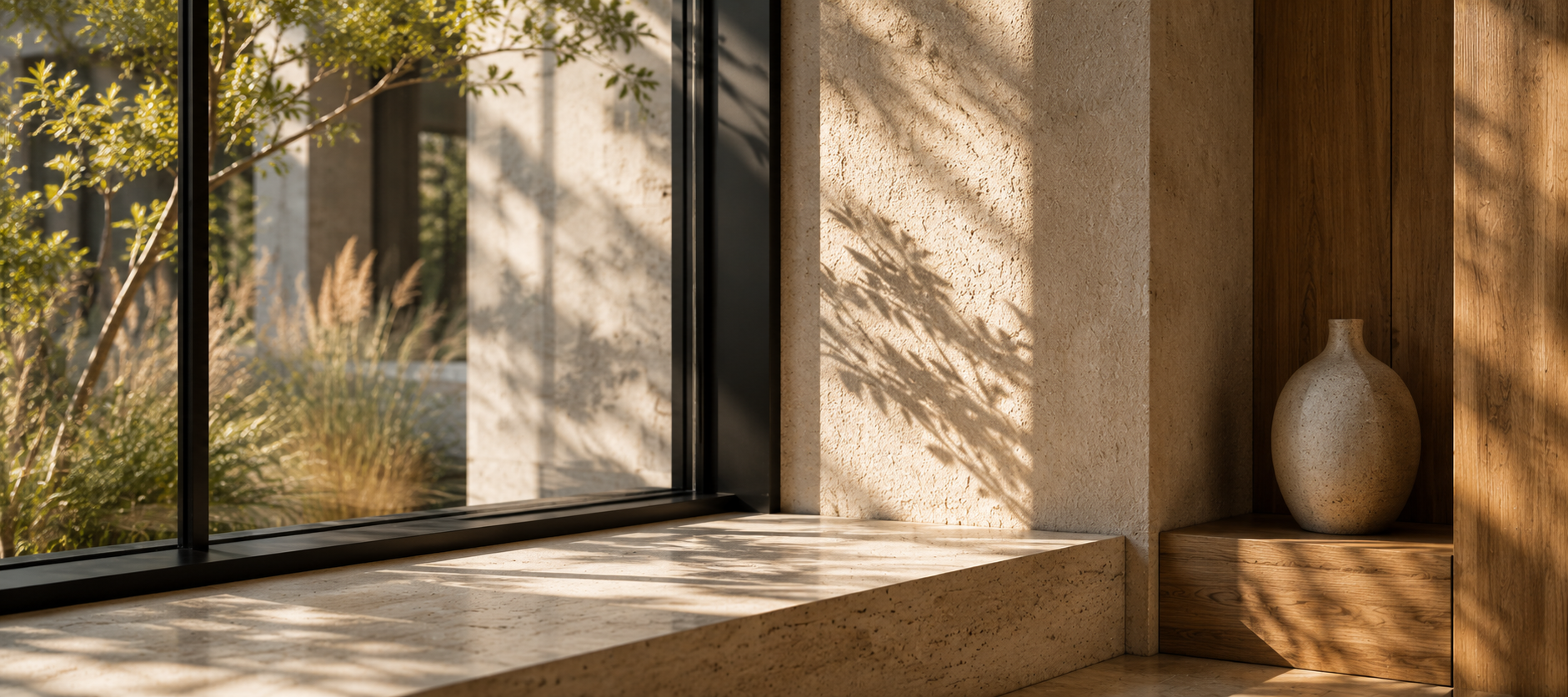 A calm commercial interior with soft daylight, controlled glazing and quiet workplace conditions representing thermal comfort and WELL Certification.