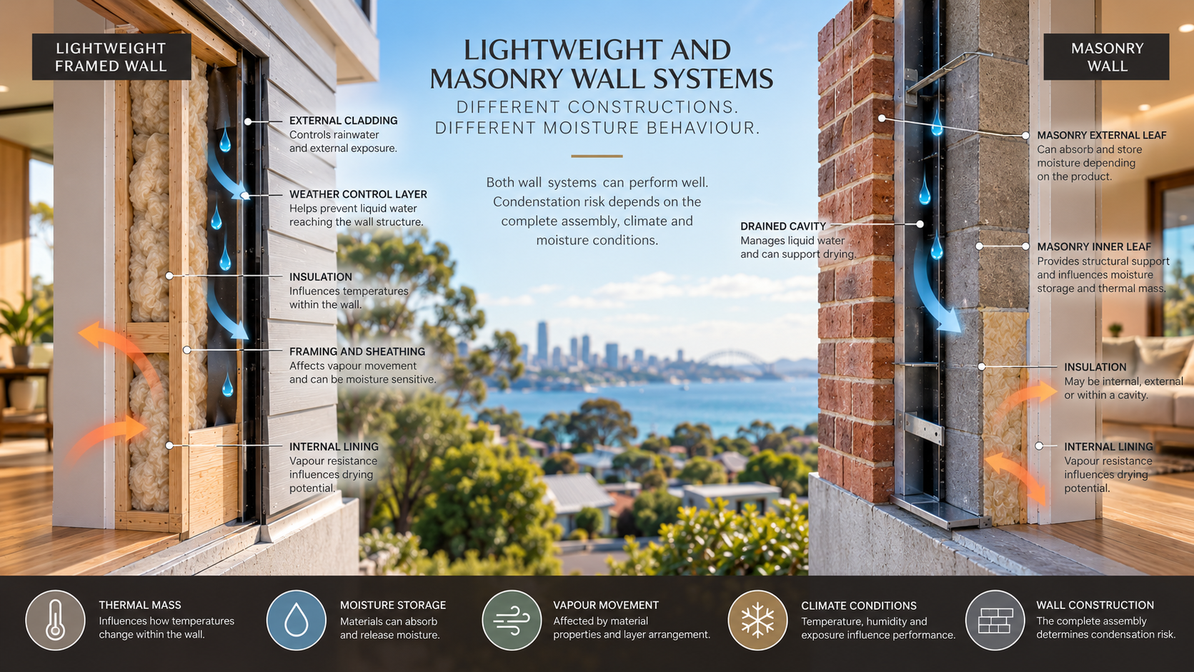 Comparison of lightweight framed and masonry wall systems showing insulation, moisture movement, thermal mass and condensation risk in Australian buildings
