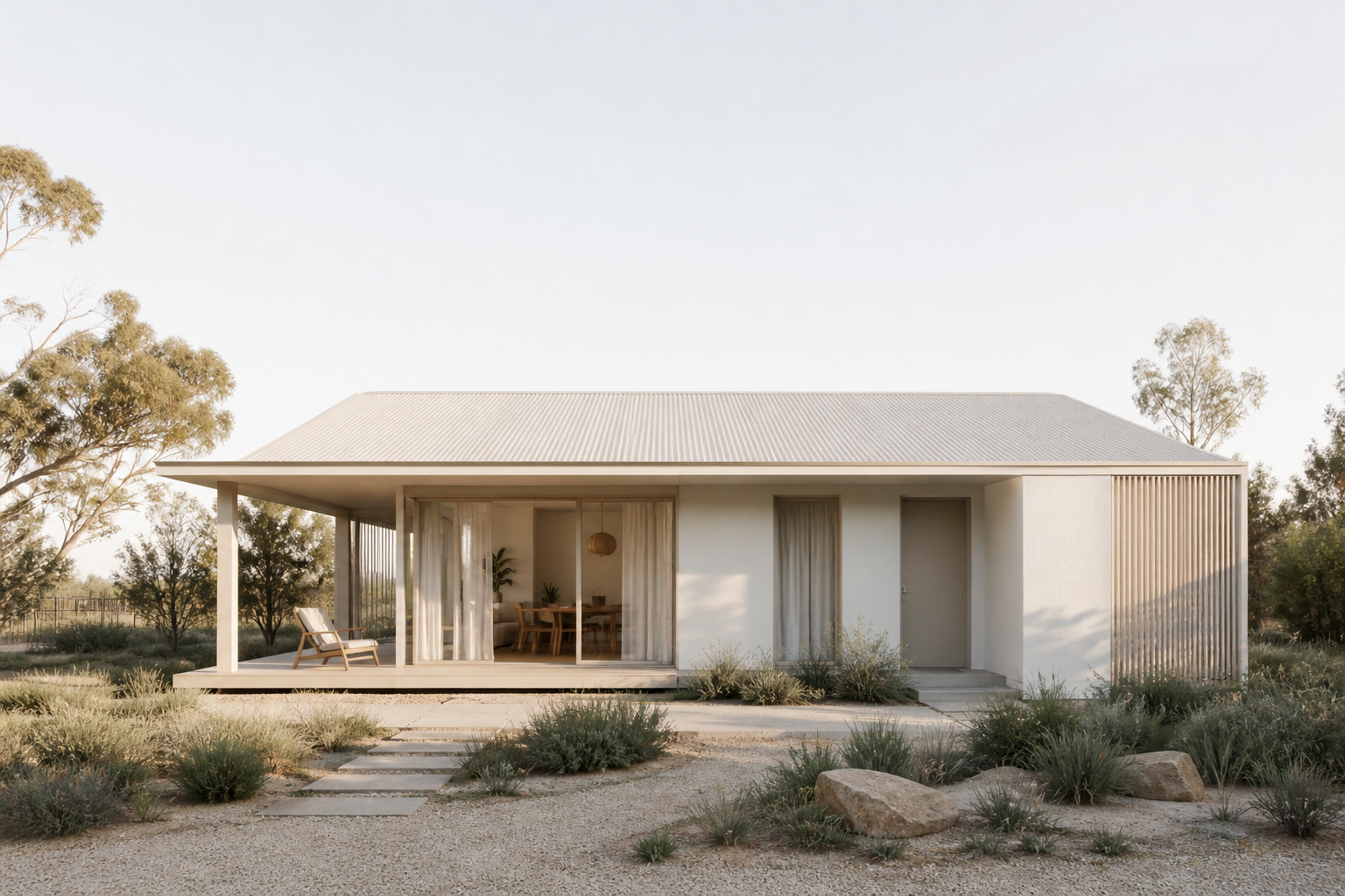 Minimalist energy efficient home with passive solar design, natural light and shading elements