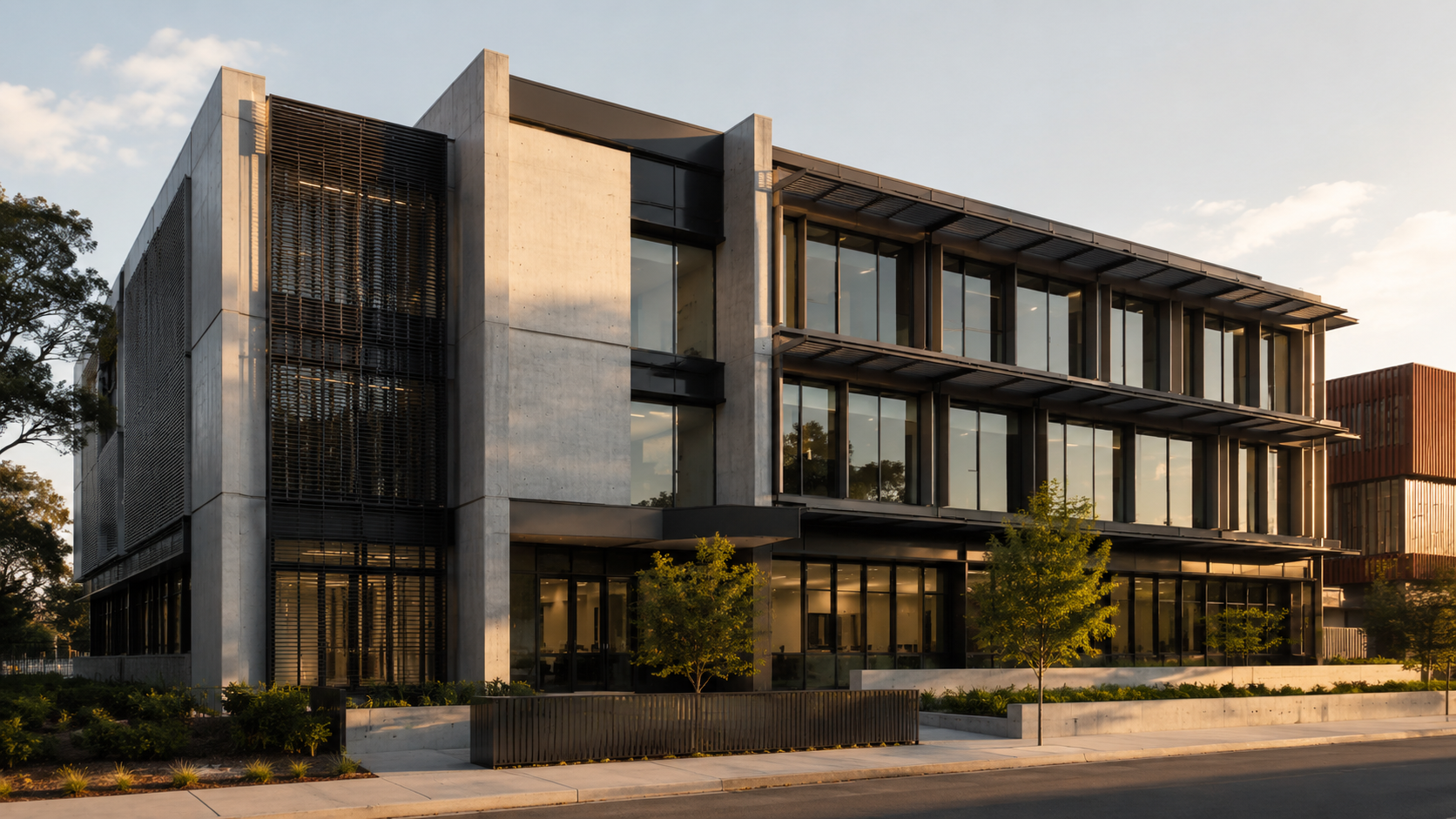 Contemporary Australian commercial building with shaded glazing and efficient façade design, representing NCC commercial energy efficiency requirements.