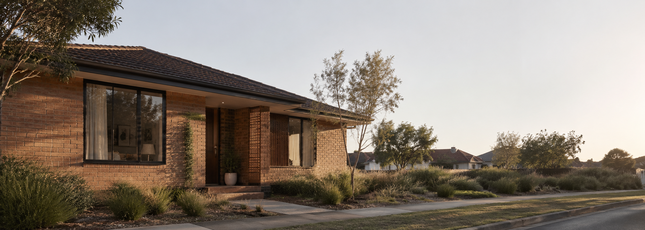 Australian residential façade with controlled glazing, shading and building envelope details, representing the difference between DTS compliance and VURB reference building assessment.