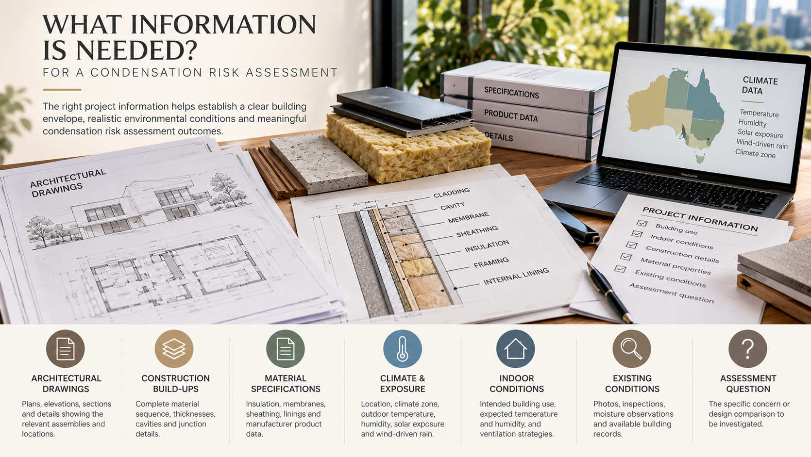 Architectural drawings, wall construction details, insulation and membrane samples, climate data and project checklist for a condensation risk assessment