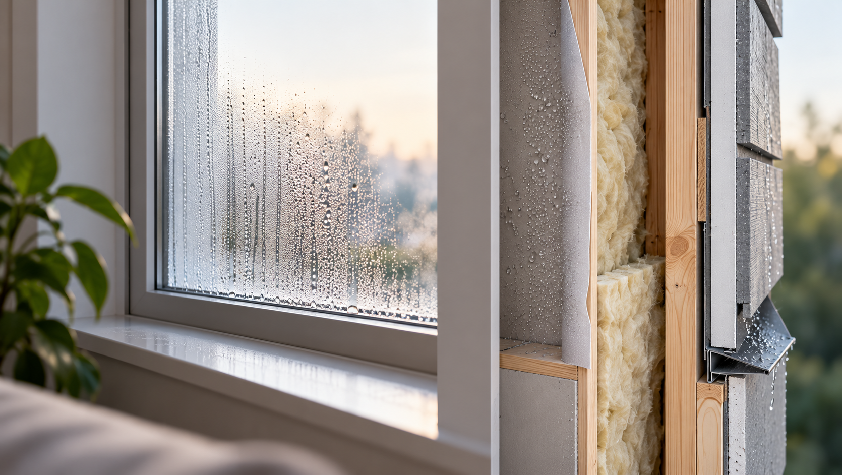 Comparison of visible surface condensation on an interior window and concealed interstitial condensation within an insulated wall assembly