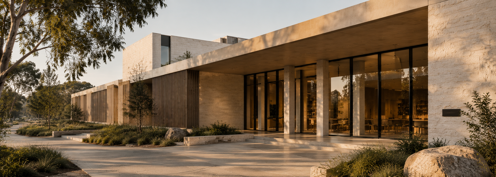A calm existing commercial building interior with soft daylight, refined materials and quiet workplace conditions representing WELL Certification for existing buildings.