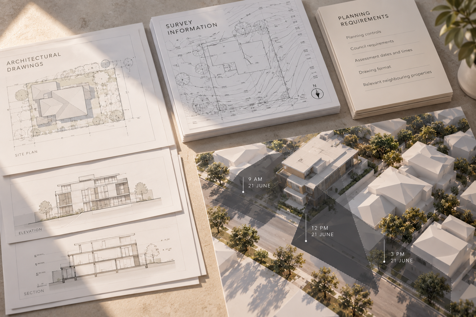 Architectural plans and site information used to prepare accurate shadow diagrams for a proposed development