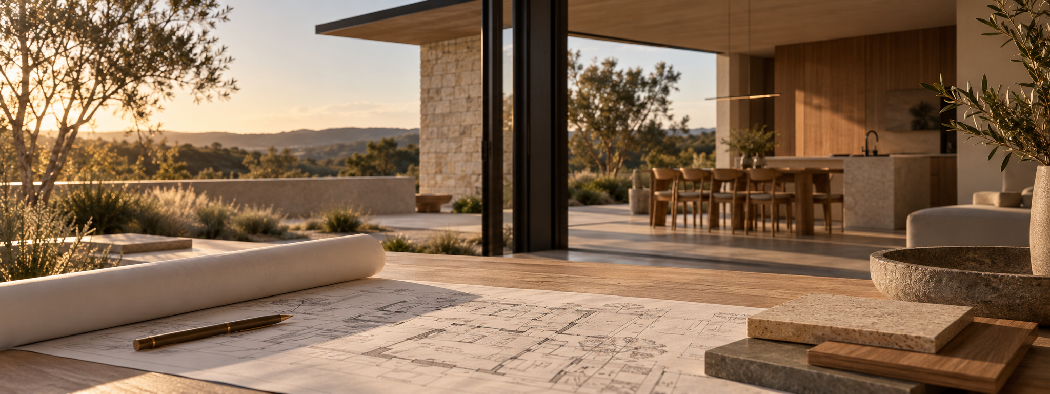 Modern Australian all-electric home with architectural plans and material samples in warm afternoon light, illustrating early home electrification design planning.