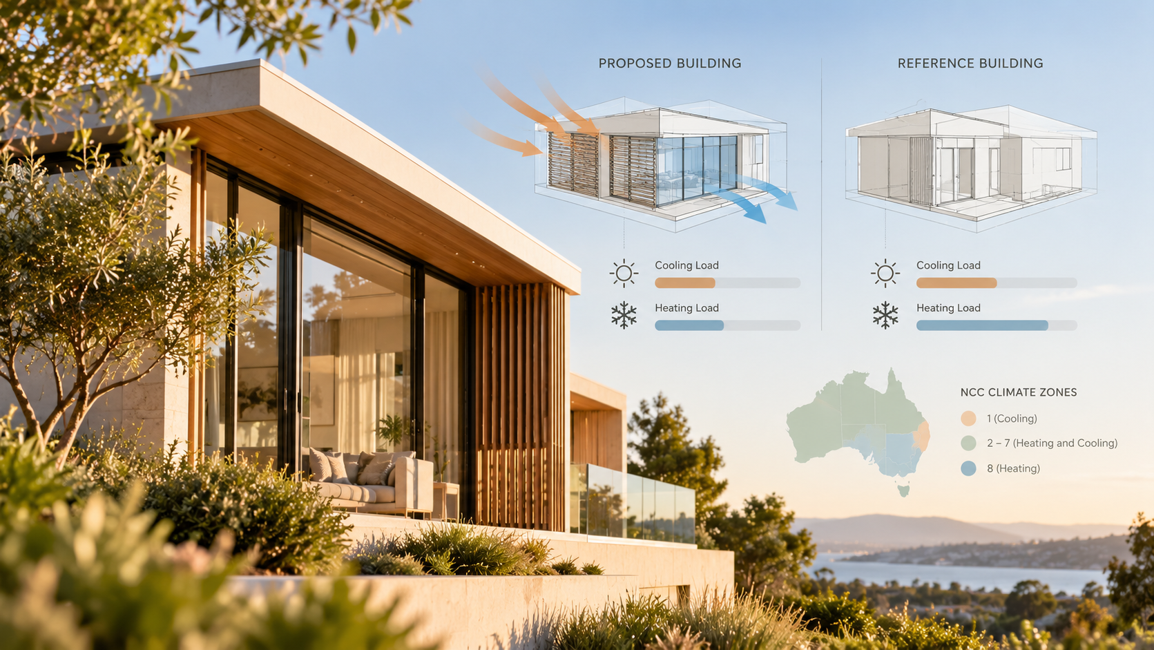 Contemporary Australian residence with shaded glazing and a thermally considered building envelope, illustrating VURB heating and cooling load modelling.