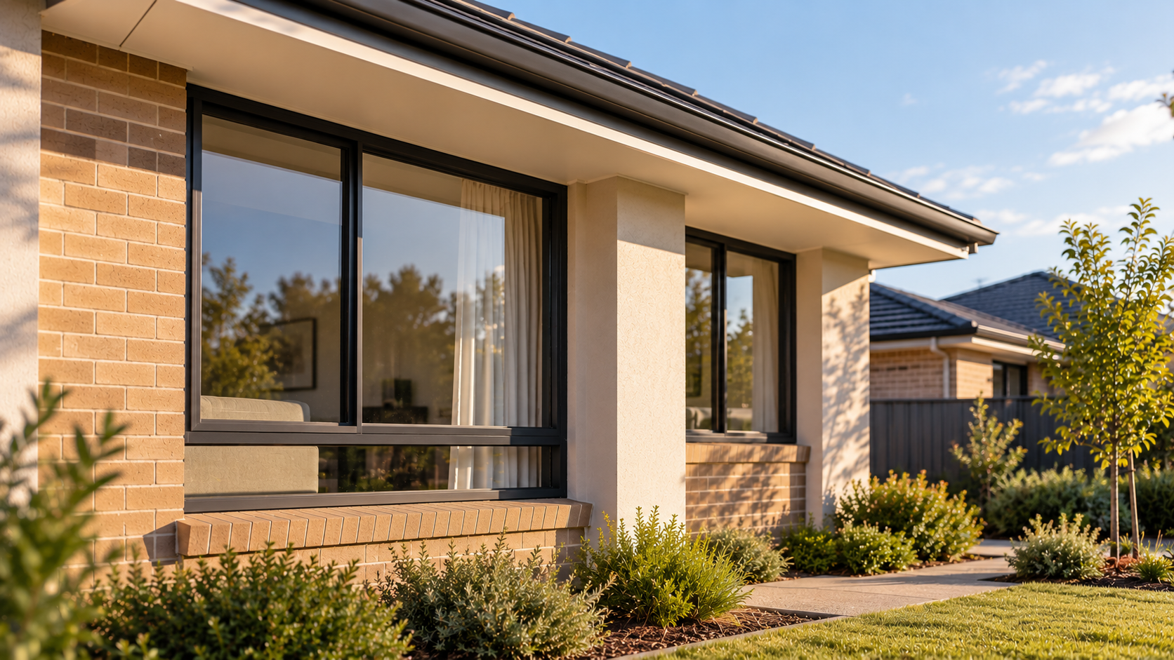 Contemporary Australian residential architecture with large glazed windows and fixed external shading illustrating residential DTS glazing considerations