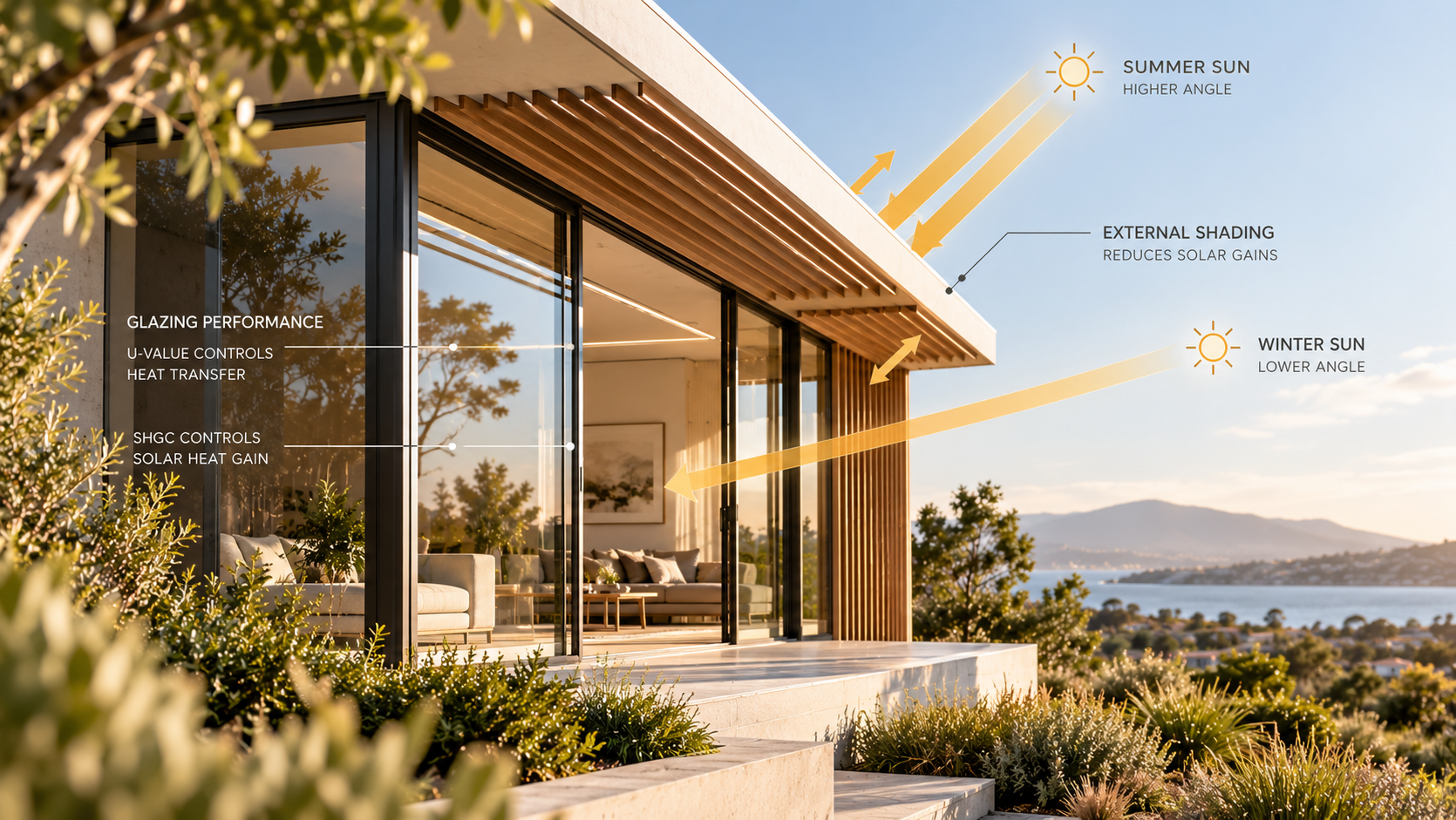 Contemporary Australian residence with large glazed openings, deep roof overhangs and external shading illustrating glazing and solar control in residential thermal performance assessment.