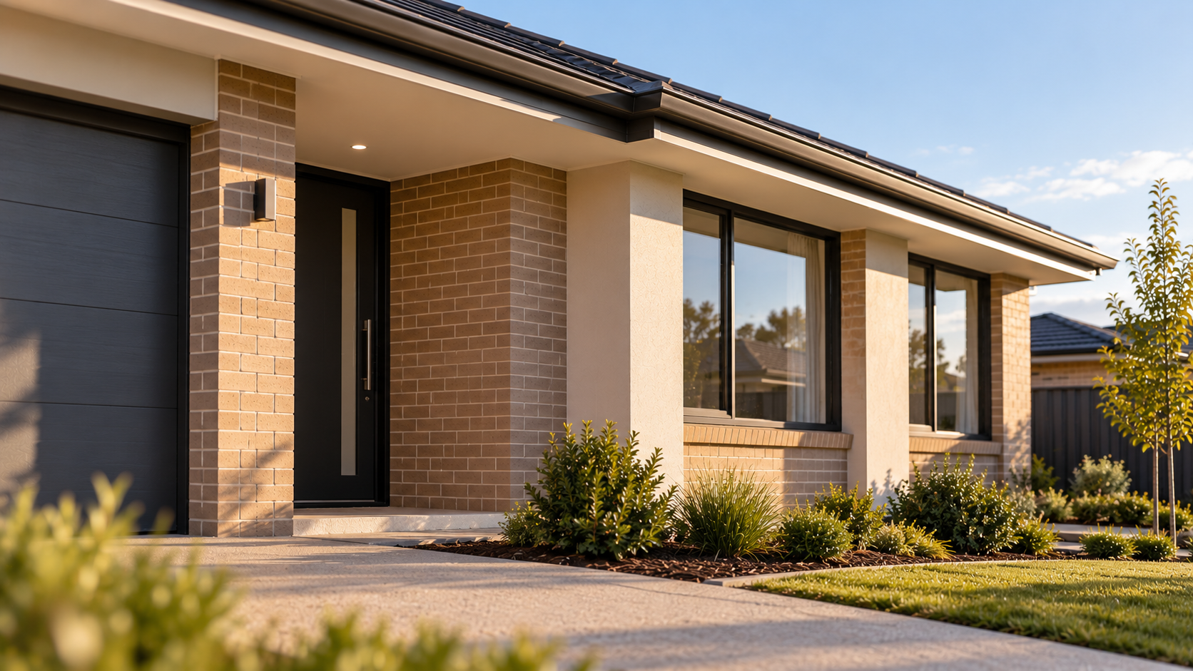 Australian single-storey brick veneer home with sealed external windows, entrance door and roof eaves illustrating residential DTS building sealing requirements