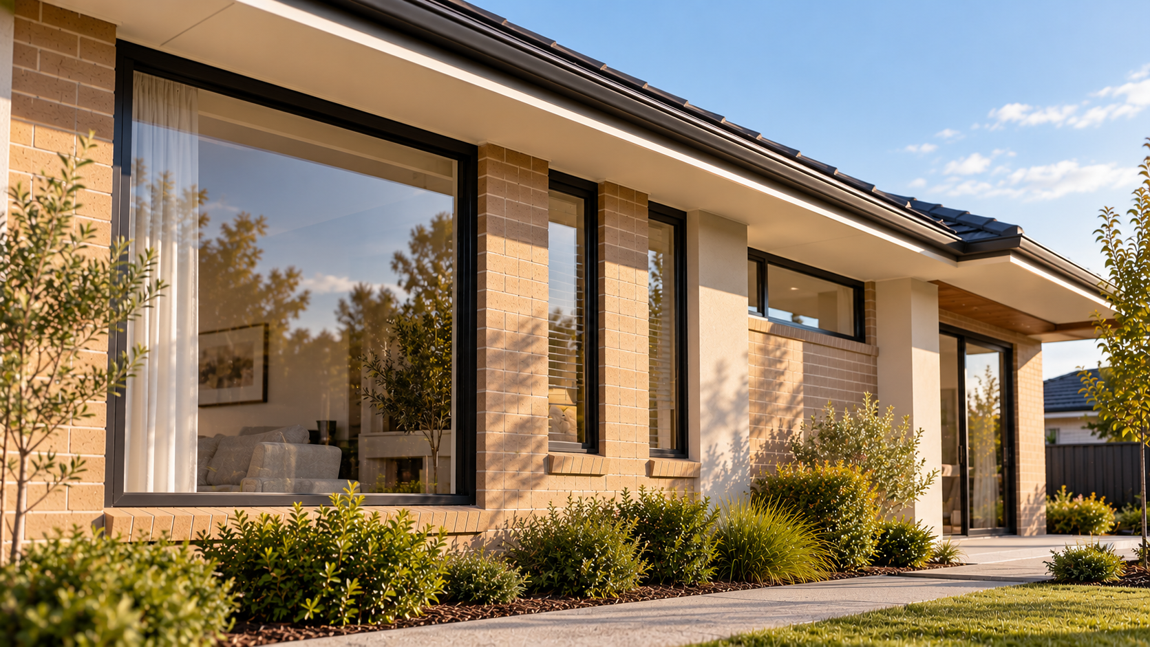 Australian single-storey brick veneer home showing different window sizes, black aluminium frames and roof eaves relevant to residential DTS glazing schedule documentation