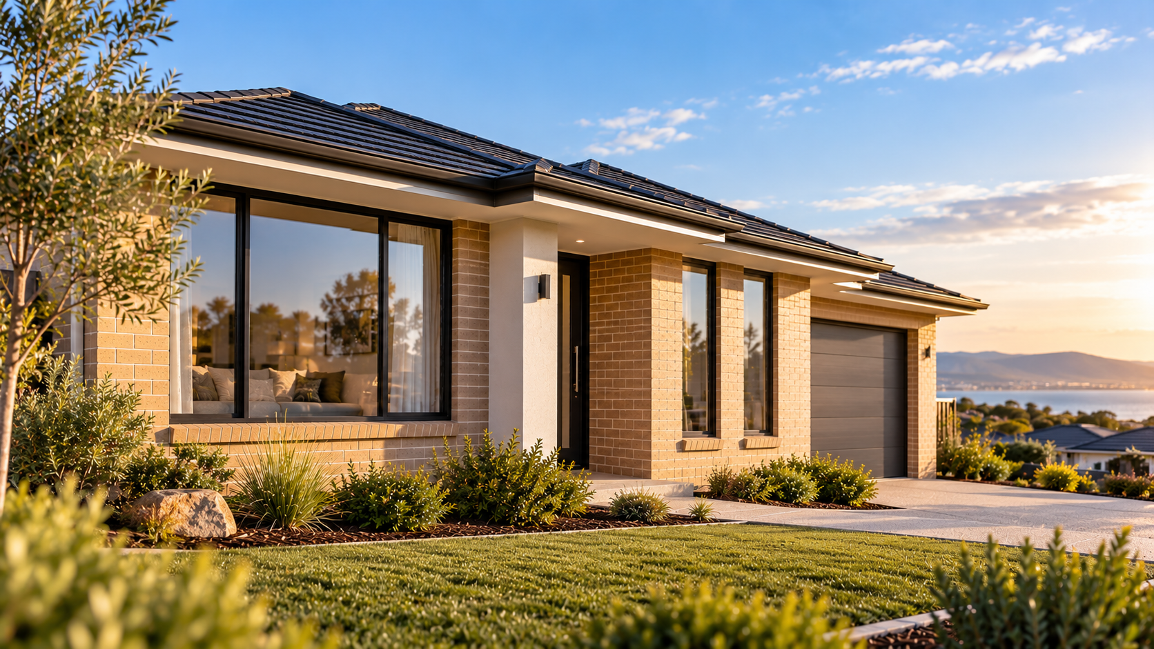 Australian single-storey brick veneer home with tiled roof, standard windows and shaded eaves illustrating residential DTS considerations across NCC climate zones