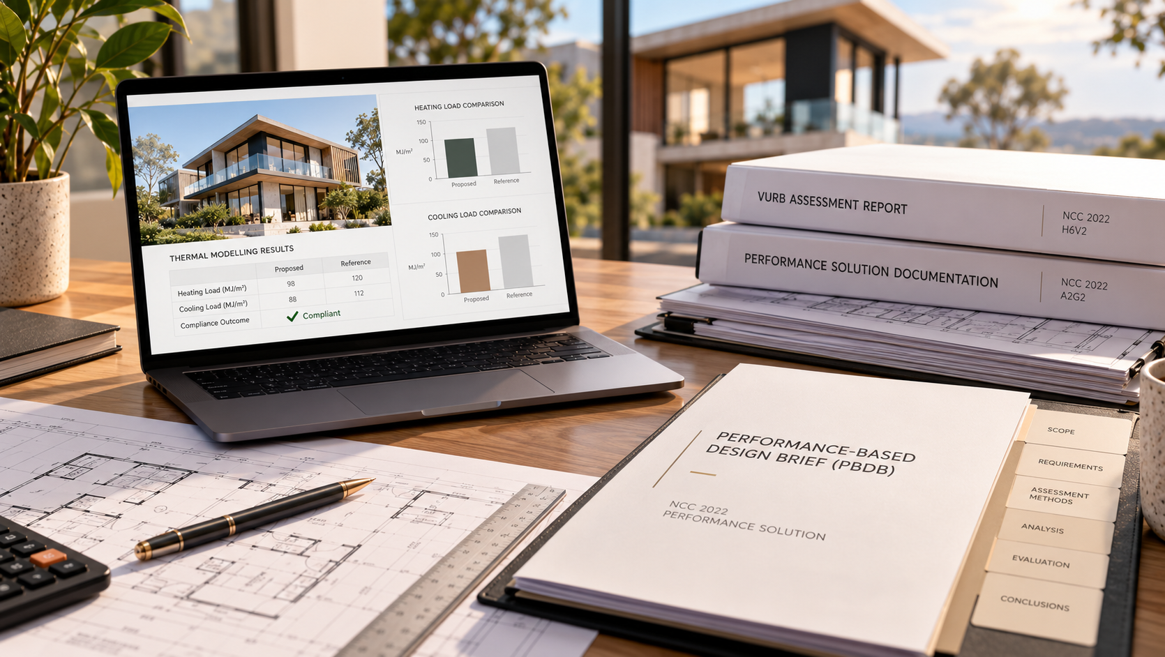 Architectural drawings, thermal modelling documentation and residential building plans illustrating the technical evidence supporting a VURB Performance Solution.