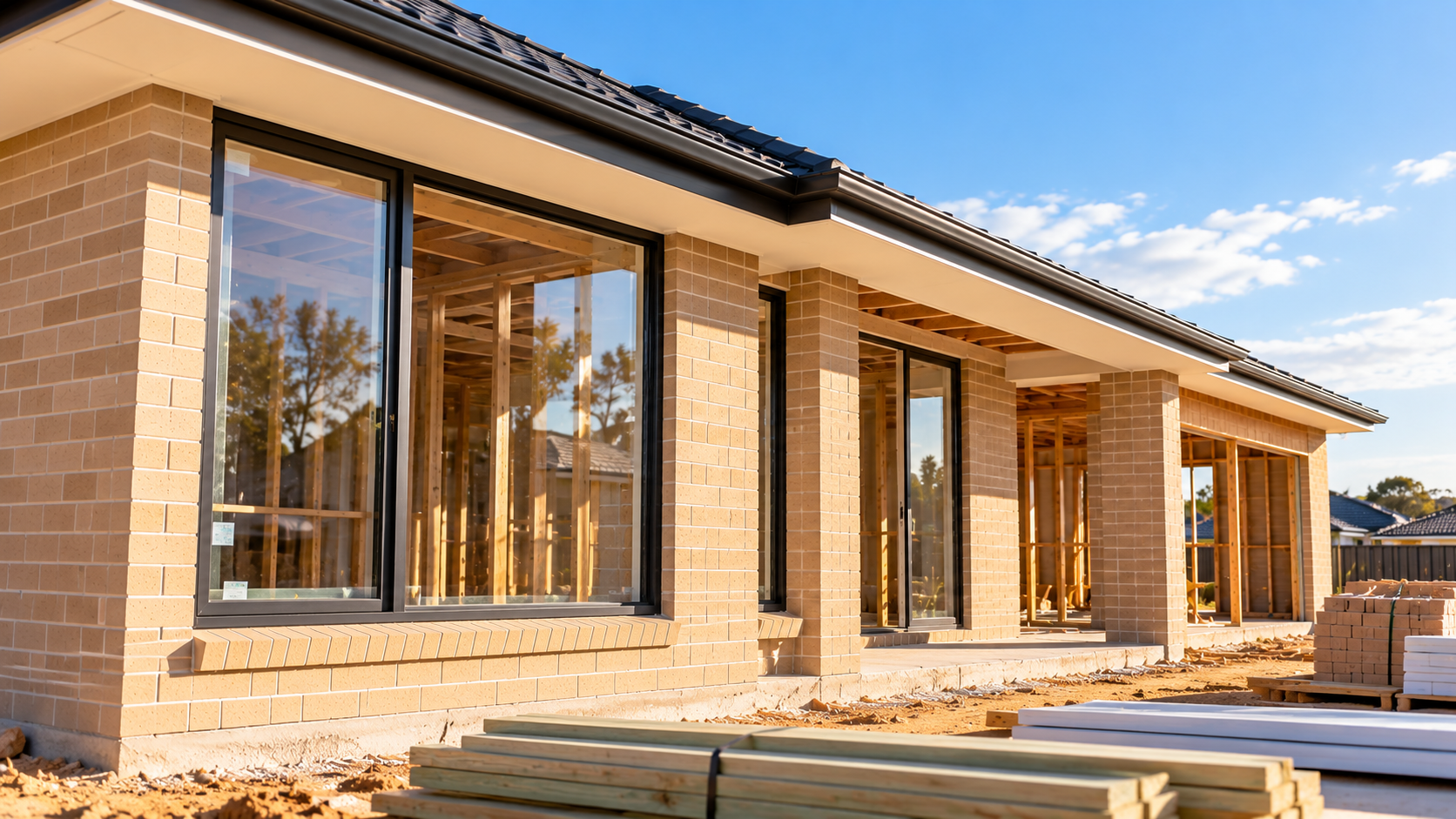 Australian single-storey brick veneer home under construction with installed windows and roof framing, illustrating design revisions after a residential DTS assessment