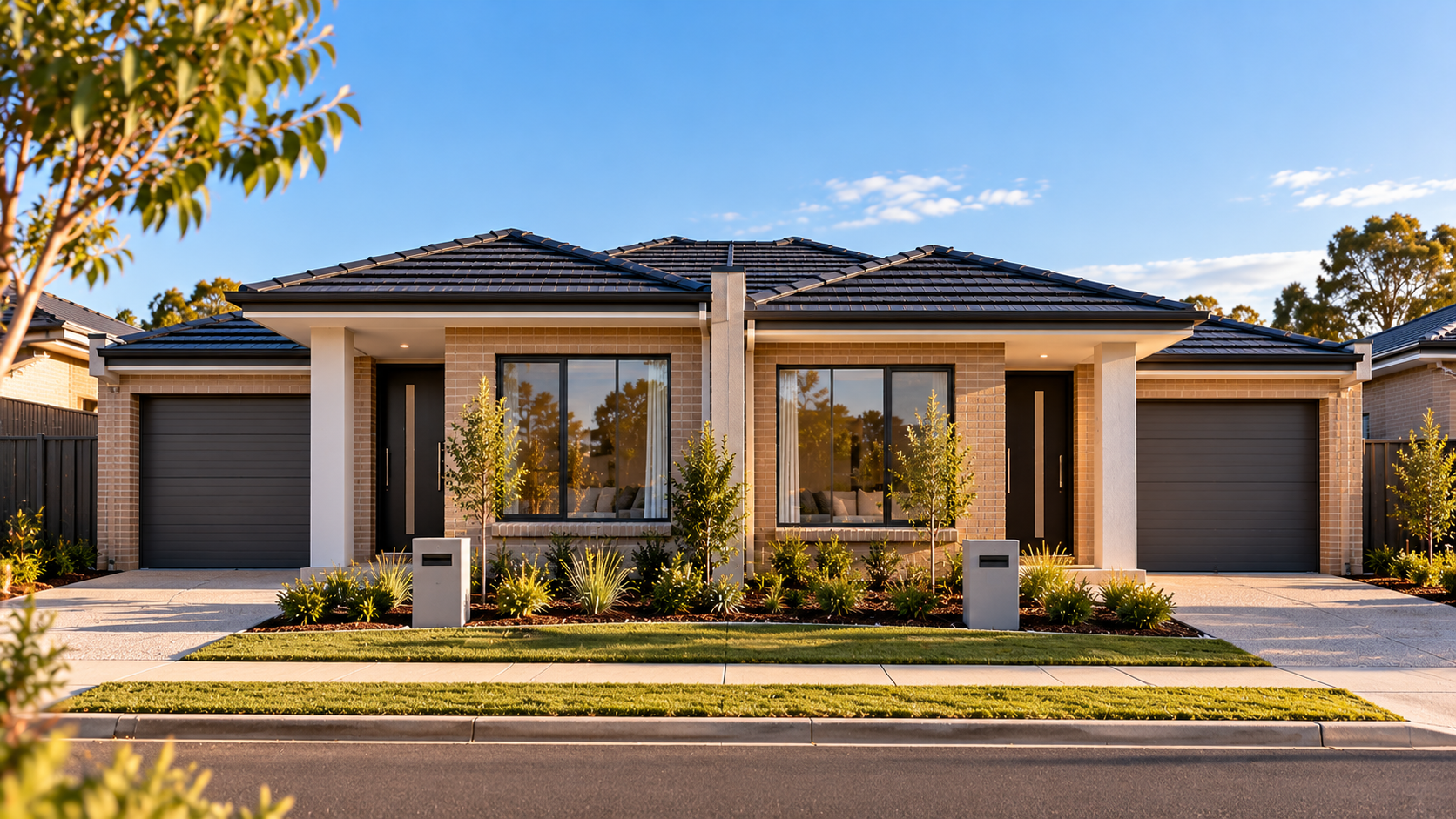 Australian brick veneer duplex with two separate entrances, tiled roofs and aluminium-framed windows illustrating residential DTS compliance for multi-dwelling developments