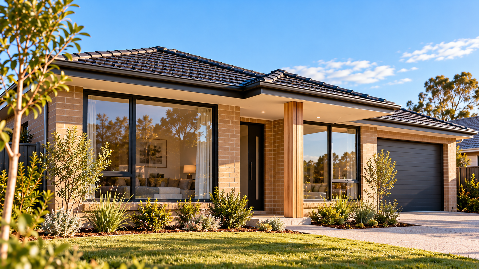 Australian single-storey brick veneer home with prominent windows, tiled roof and shaded eaves illustrating residential DTS design and compliance review considerations