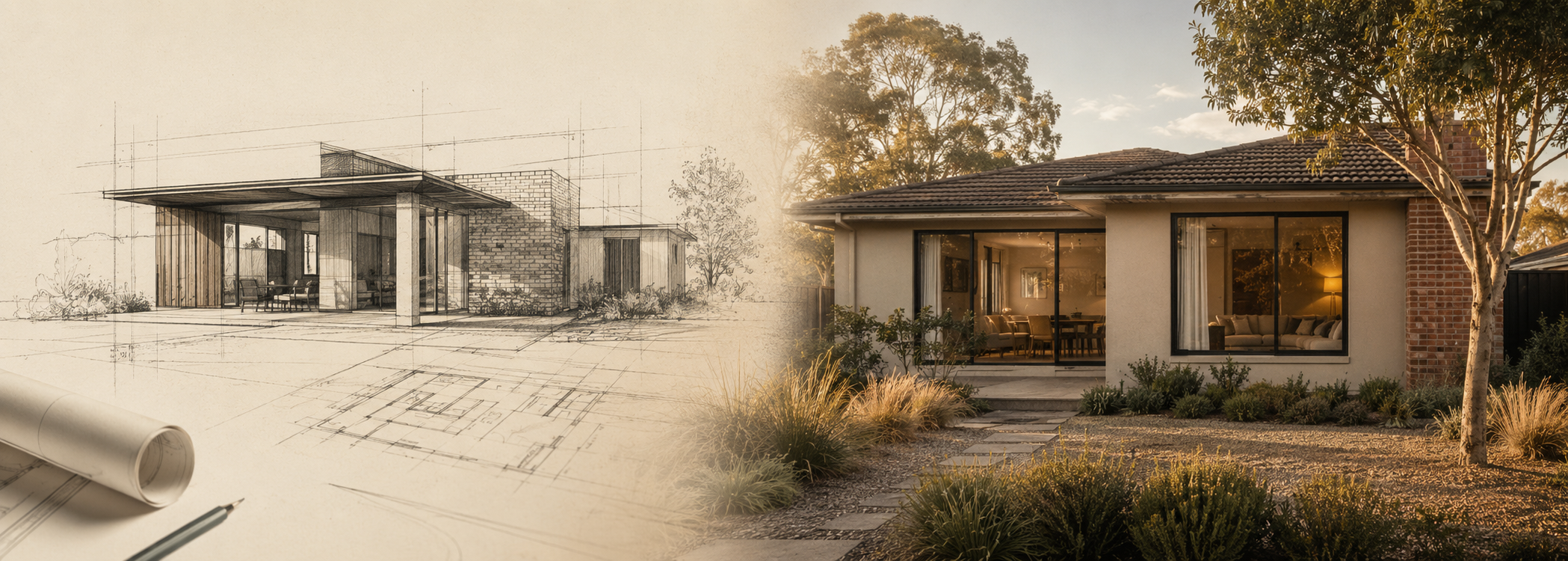 A split-view comparison of an architectural drawing and an established Australian home, showing the difference between new home NatHERS design assessment and existing home energy rating.