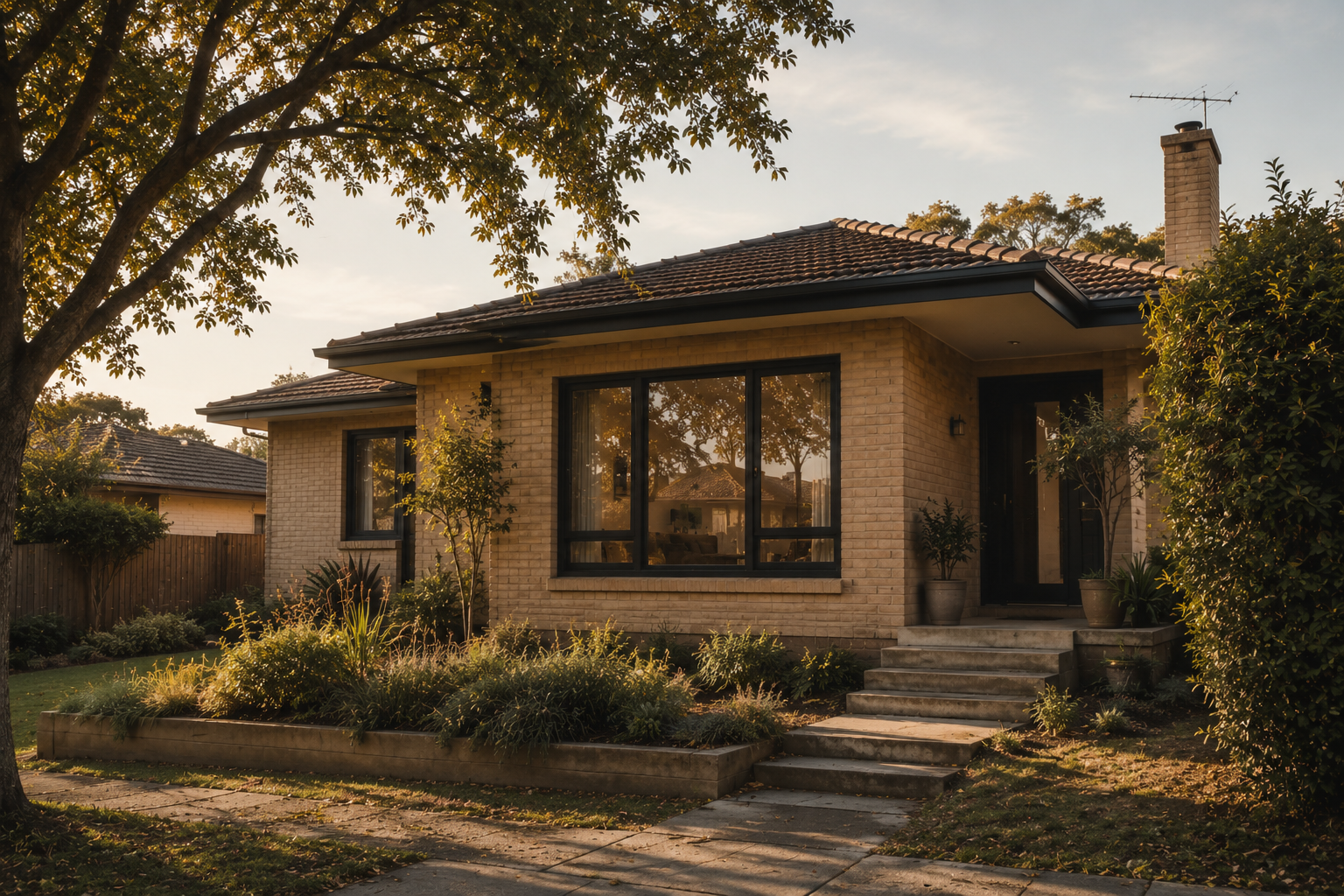 Existing Australian brick home in warm afternoon light, ready for energy assessment and practical upgrades.