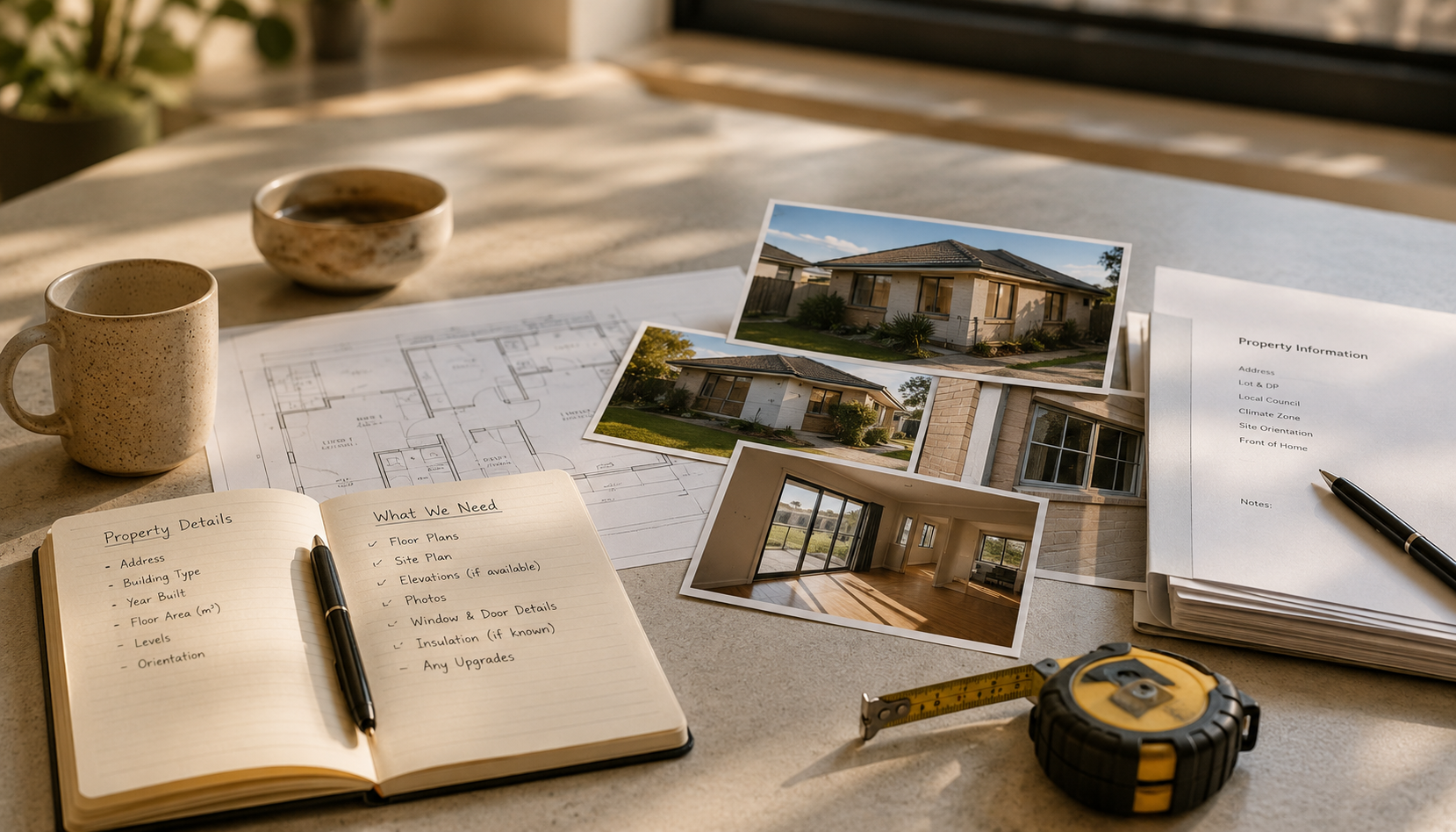 Home energy rating preparation documents, property plans and photos arranged beside a laptop in an established Australian home.