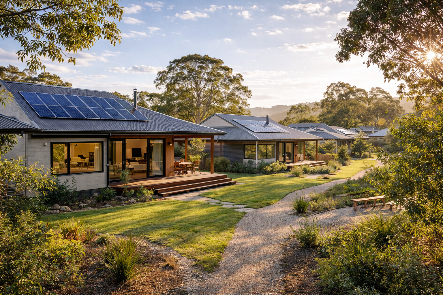 Energy efficient Australian home designed with natural light, shading and solar panels supporting sustainable community living.