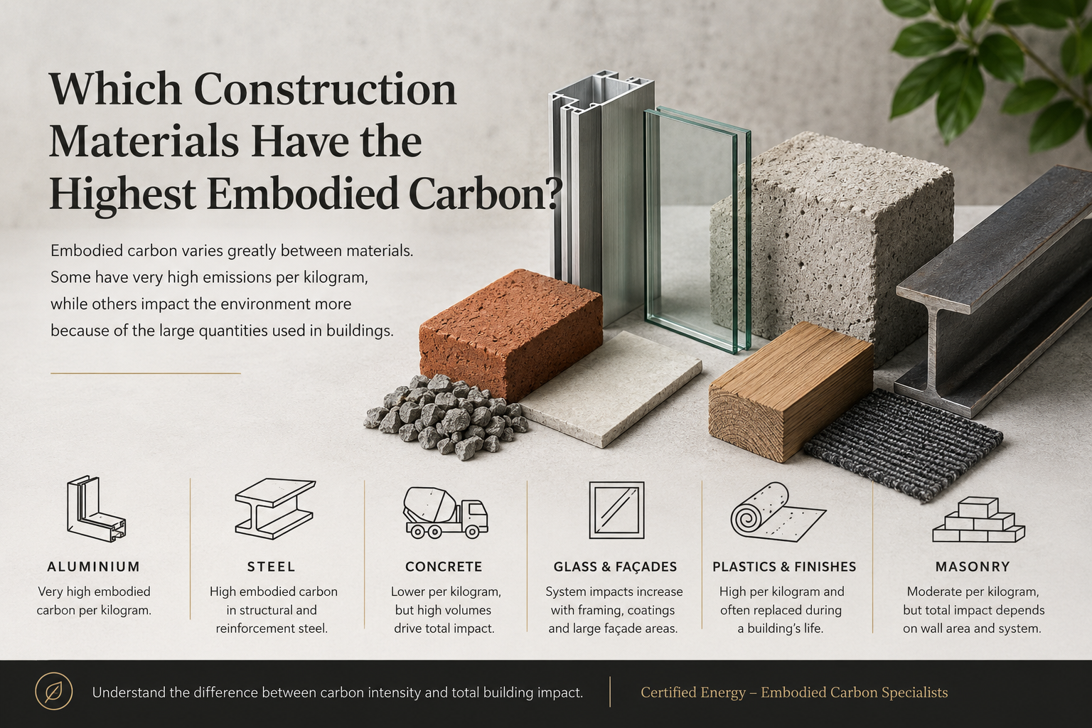 Infographic comparing embodied carbon hotspots across aluminium, steel, concrete, glass and façade systems, plastics, finishes and masonry.