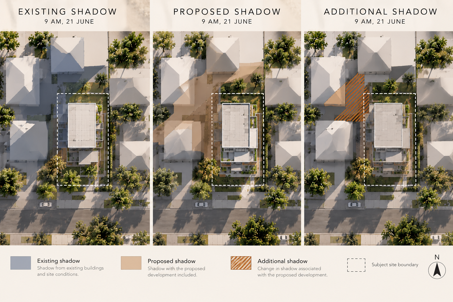 Existing and proposed shadow diagrams comparing current shadow conditions with additional shadow from a proposed development