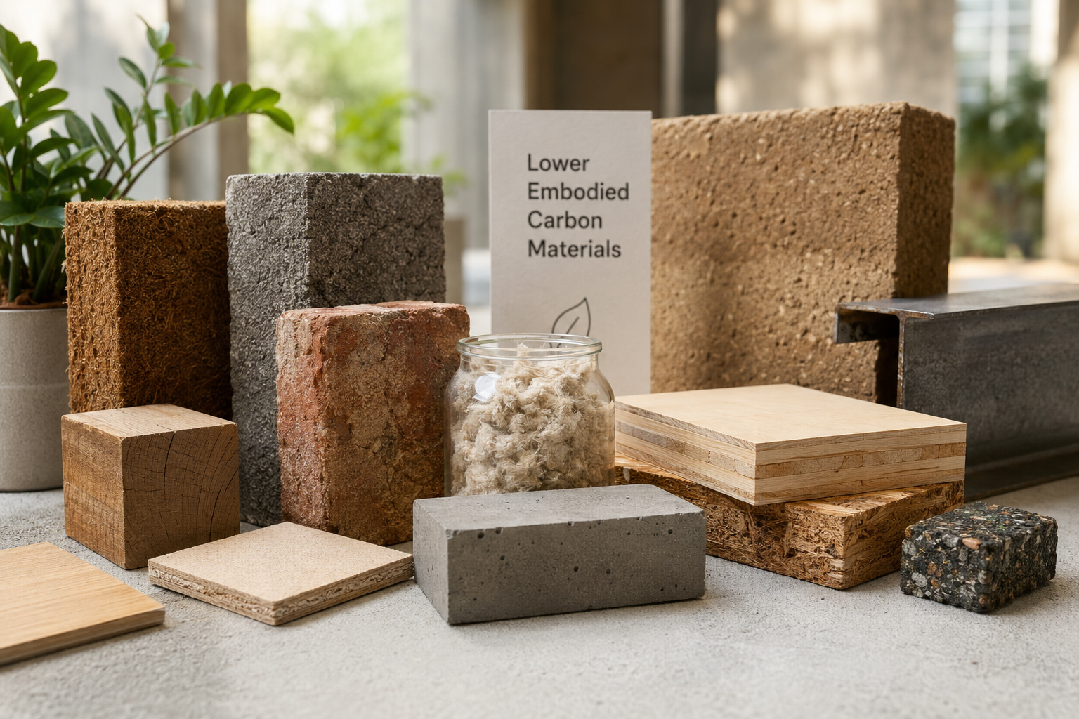 Selection of lower embodied carbon building materials including reclaimed timber, masonry, concrete, insulation, sheet products and recycled metal samples.