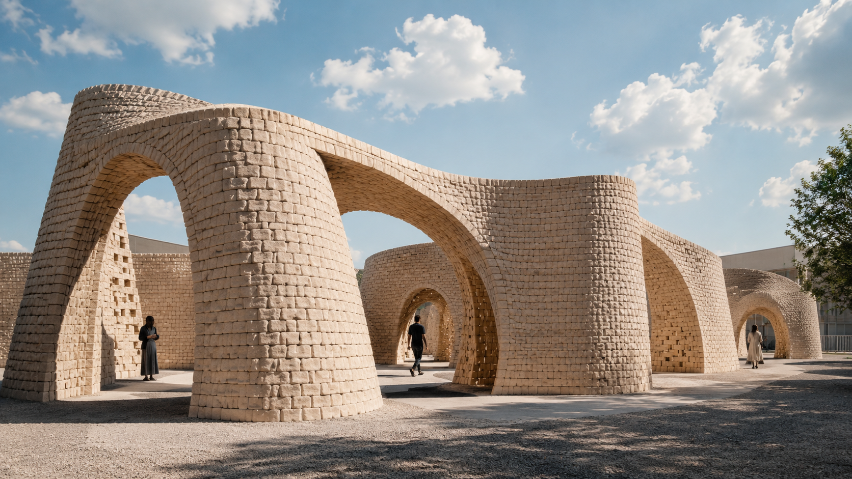 Monumental temporary pavilion made from pale bio-composite blocks, with sculptural arches and curved walls in warm natural daylight, shown in a restrained urban setting with a few people for scale.
