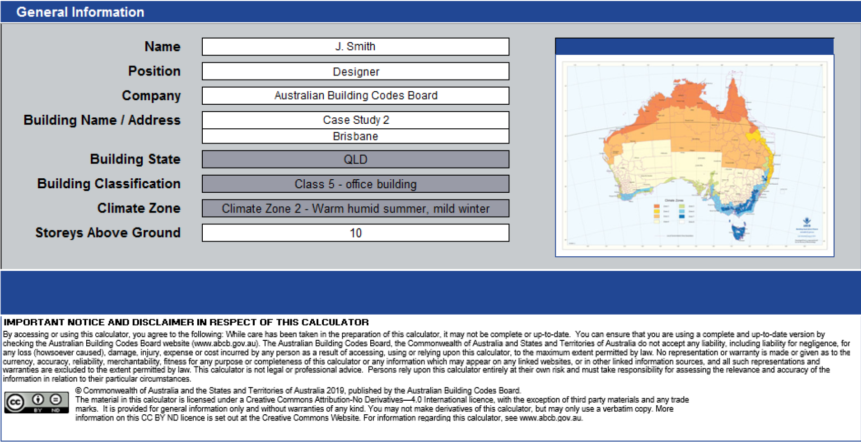 Sample information for national construction code calculator to assess JV3