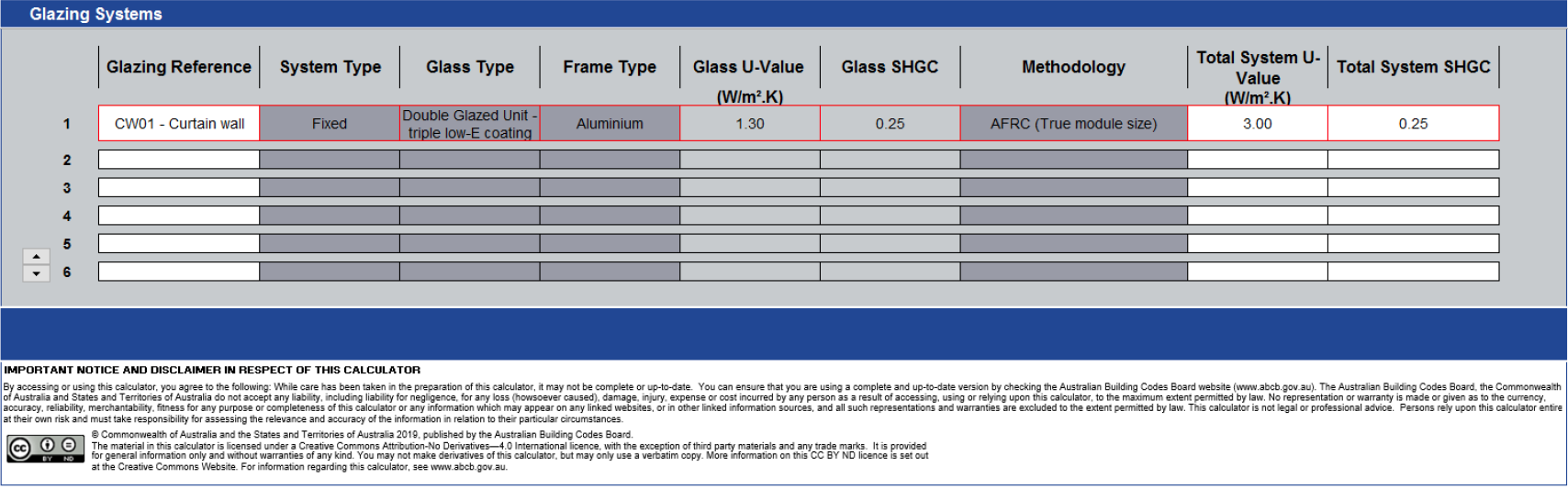 Sample information for national construction code calculator to assess JV3