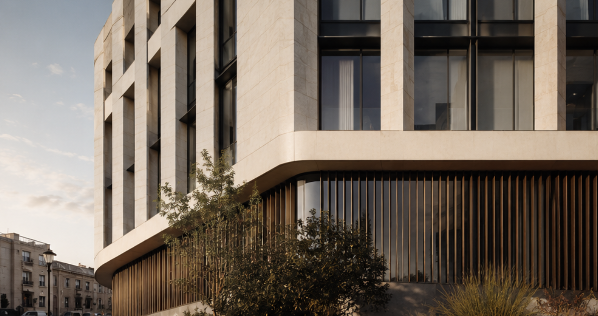 Contemporary commercial building façade with glazing and shading elements relevant to Section J and JV3 energy compliance.