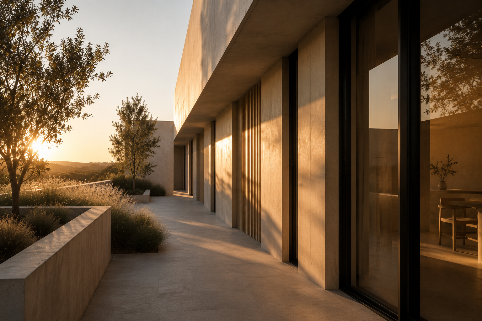 Contemporary Australian residence with expansive glazing, deep shading and climate-responsive architectural detailing at sunset.