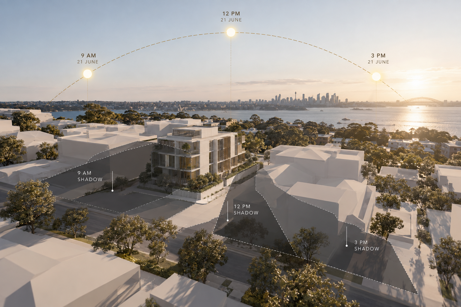 Shadow diagram showing winter shadows cast by a proposed building on 21 June in Australia