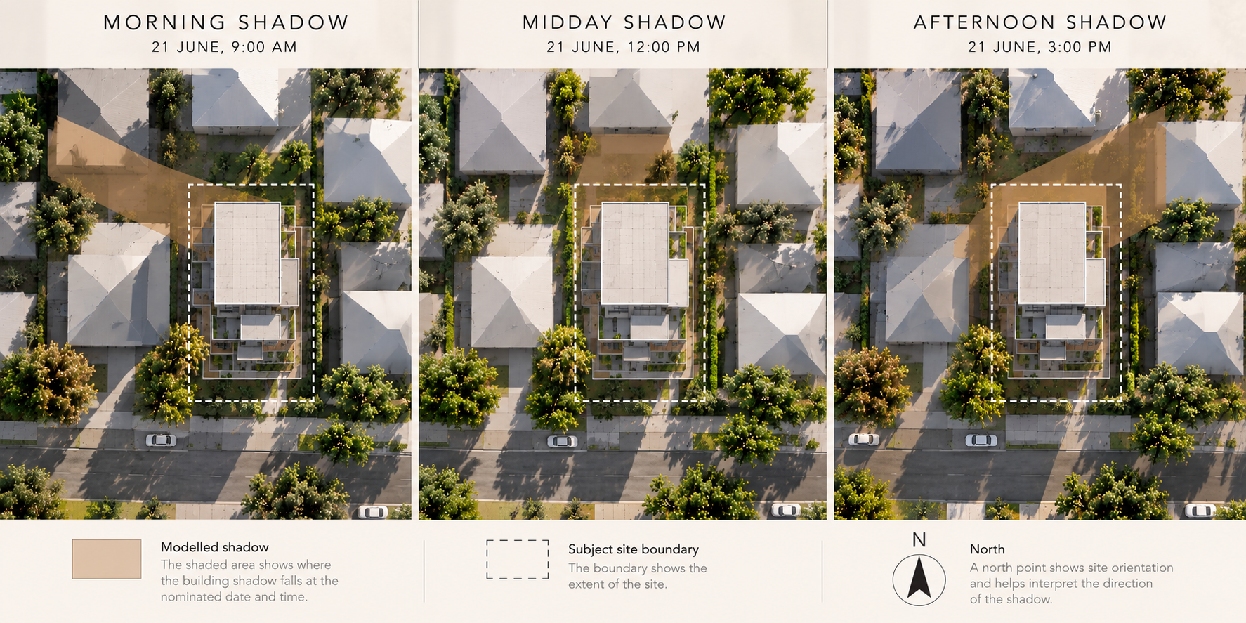 Shadow diagrams at different times of day showing how building shadows change from morning through midday to afternoon
