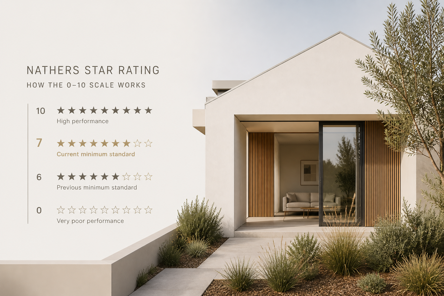NatHERS star rating scale 0 to 10 with minimalist energy efficient home design