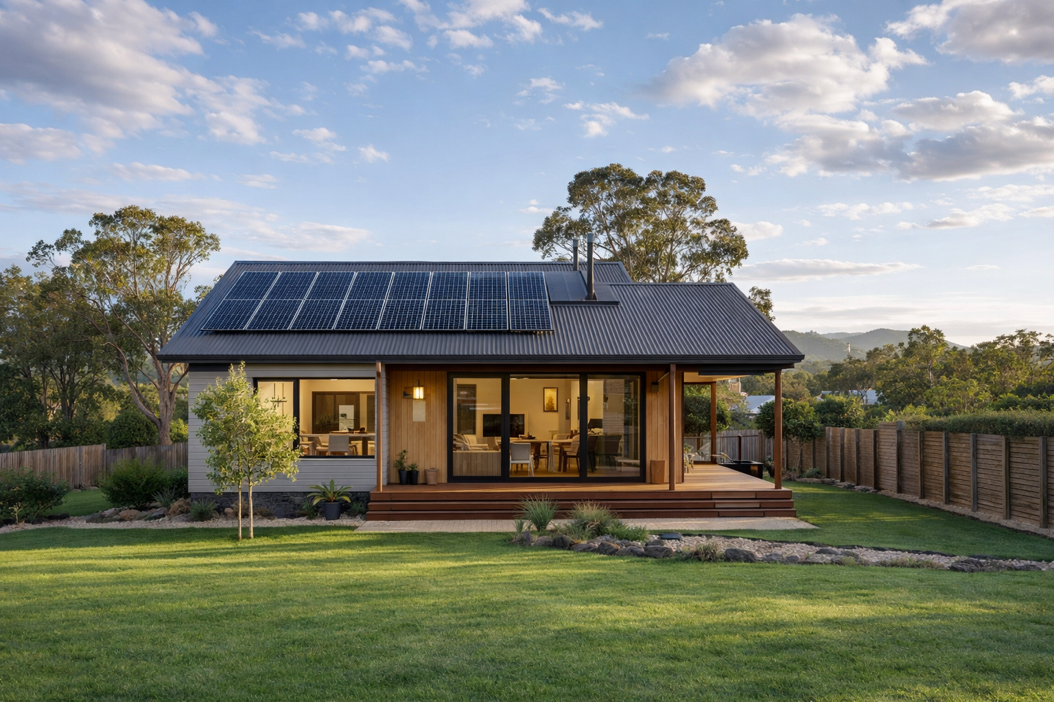 Sustainable Australian home with solar panels and passive design principles