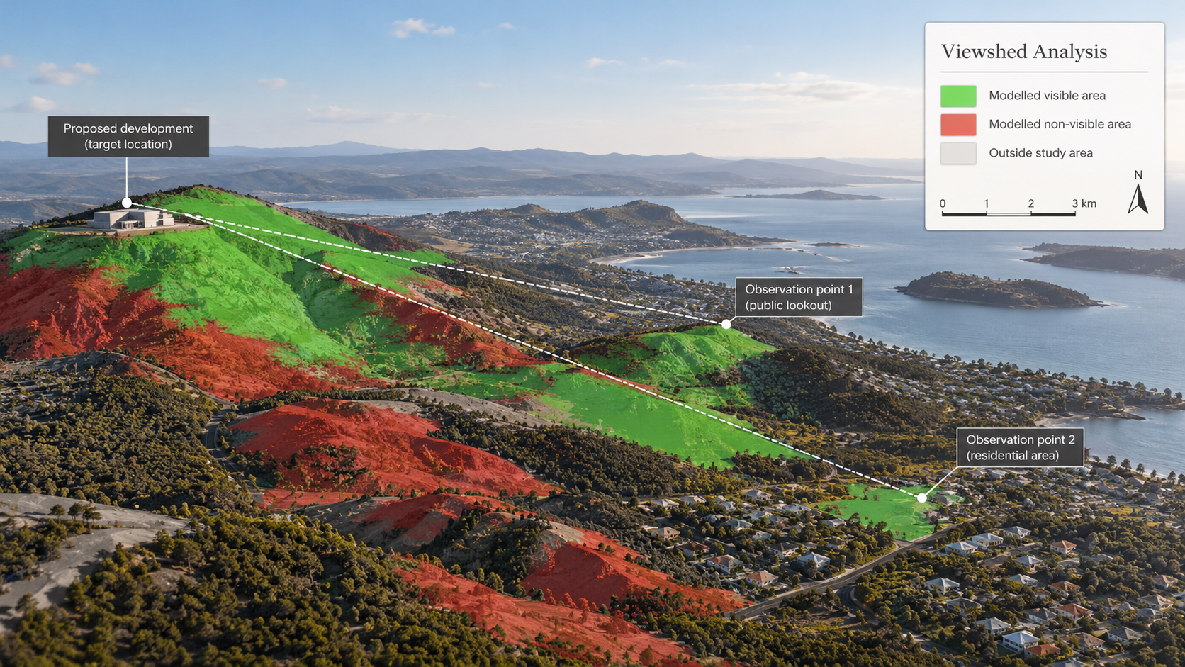 Viewshed map showing modelled visible and non-visible areas across a landscape.