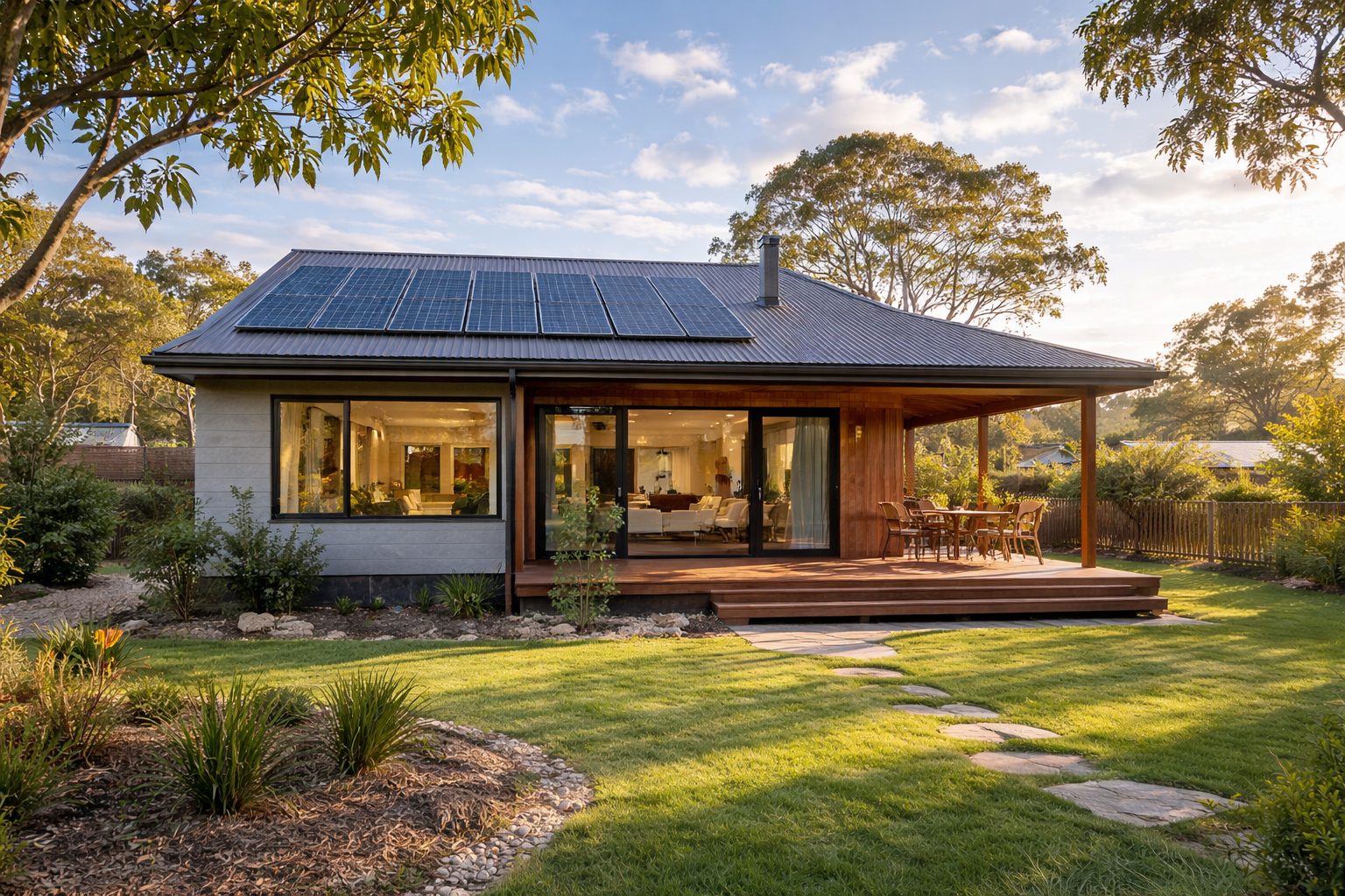 Sustainable Australian home with solar panels and passive design illustrating energy efficient housing in Australia.