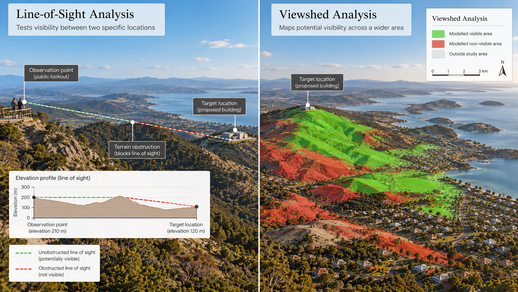 Comparison of a single line-of-sight calculation and an area-wide viewshed model across a landscape.