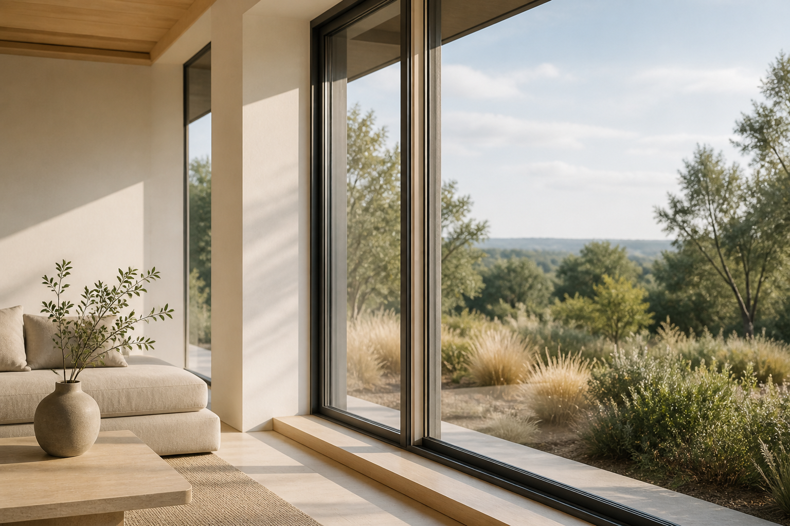 Minimalist interior with large window showing natural light and energy efficient glazing design