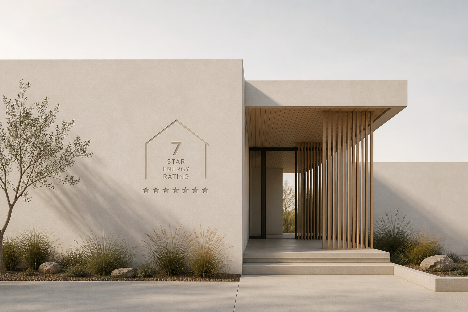 Minimalist 7-star energy efficient home with clean lines, neutral tones and passive design features in soft natural light